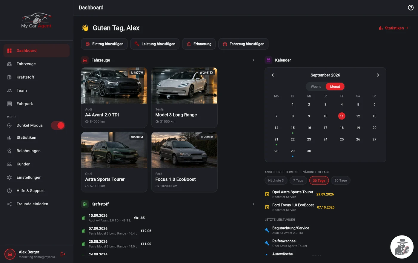 My Car Agent im Browser: Seitenleiste, Fahrzeugkacheln, Kalender, anstehende Termine und letzte Leistungen