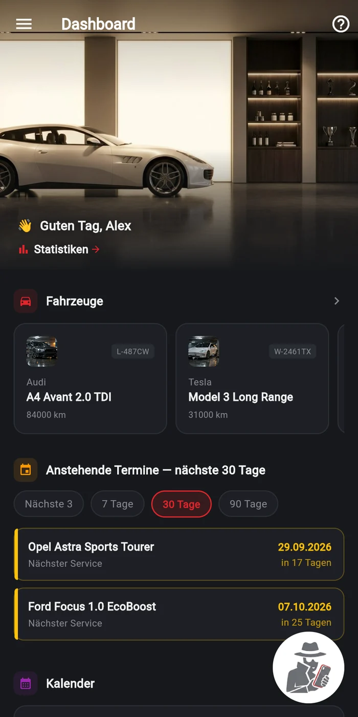 My Car Agent auf dem Handy: Dashboard mit vier Fahrzeugen, anstehenden Terminen und Tankeinträgen