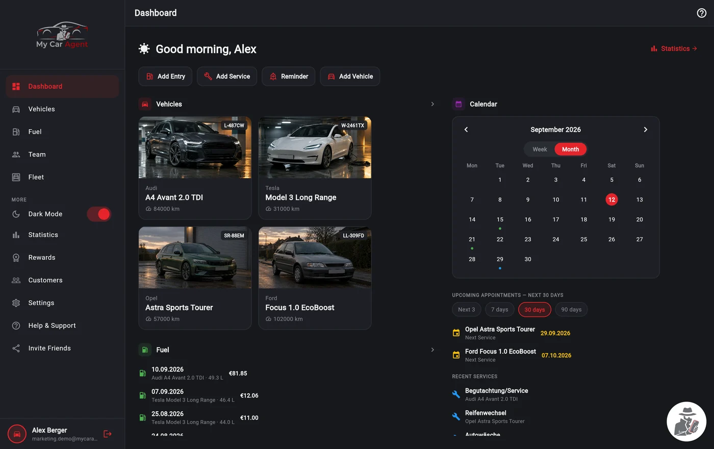 My Car Agent in the browser: sidebar, vehicle tiles, calendar, upcoming appointments and recent services