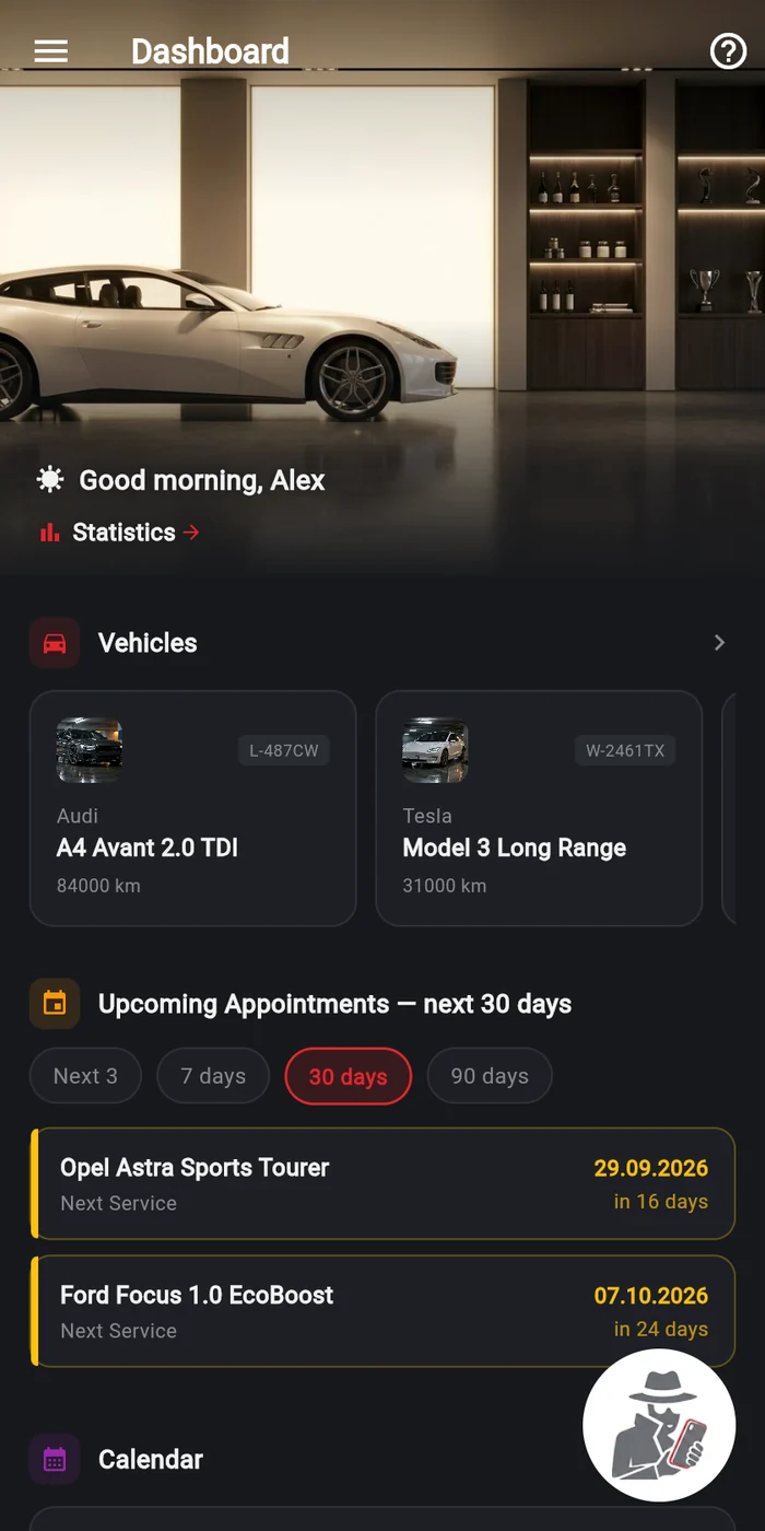 My Car Agent on a phone: dashboard with four vehicles, upcoming appointments and fuel entries